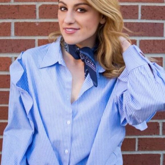 Zara Blue and White Striped Ruffle Sleeve Button-Down Shirt - Picture 6 of 11